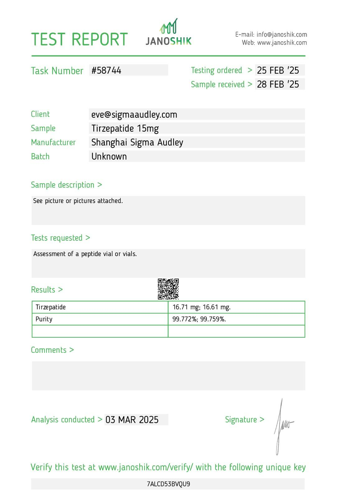Tirzepatide sample test report